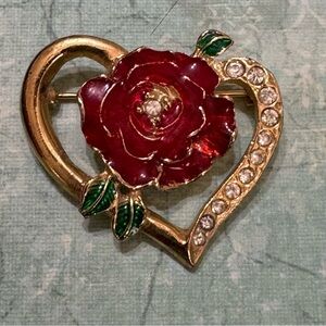 VINTAGE RED ROSE HEART SHAPE BROOCH